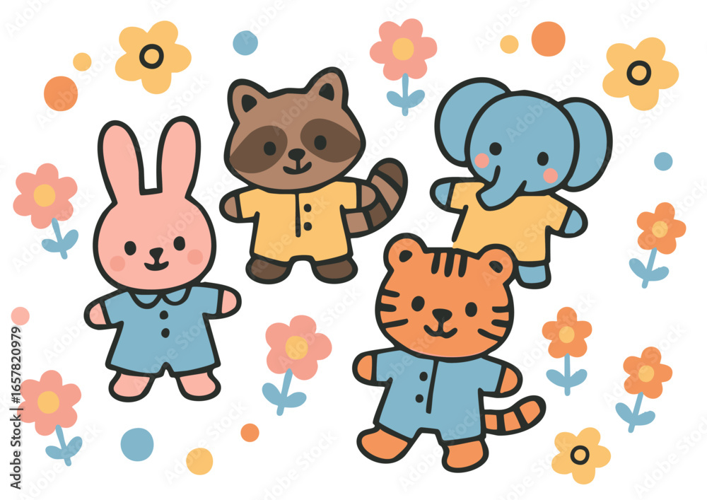 Obraz premium 花に囲まれたウサギ・タヌキ・象・虎の動物