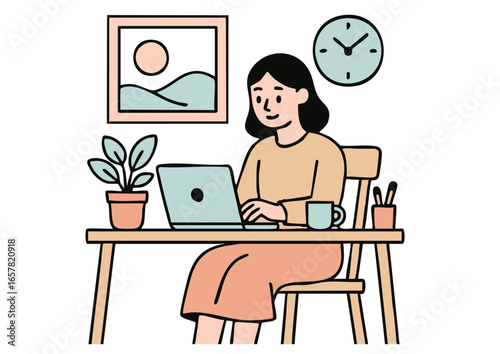 在宅勤務をする女性のイラスト