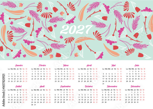 2027 Calendrier en français, tous les mois de l'année avec une illustration pattern fleurs et plantes abstraites fond clair