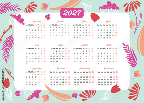 Calendrier 2027, tous les mois de l'année en français, décors fleurs abstraites tons rose orange
