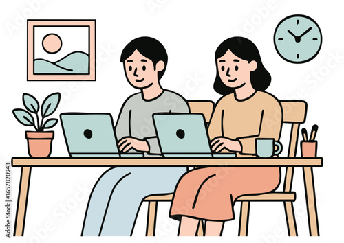 夫婦で在宅勤務をするイラスト