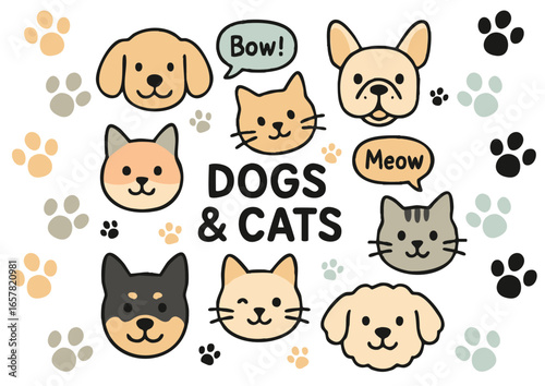 足あと・吹き出し犬と猫の顔アイコンセット