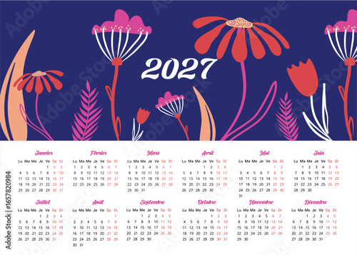 Calendrier 2027 en français, tous les mois de l'année, illustration fleurs abstraites sur fonds bleu