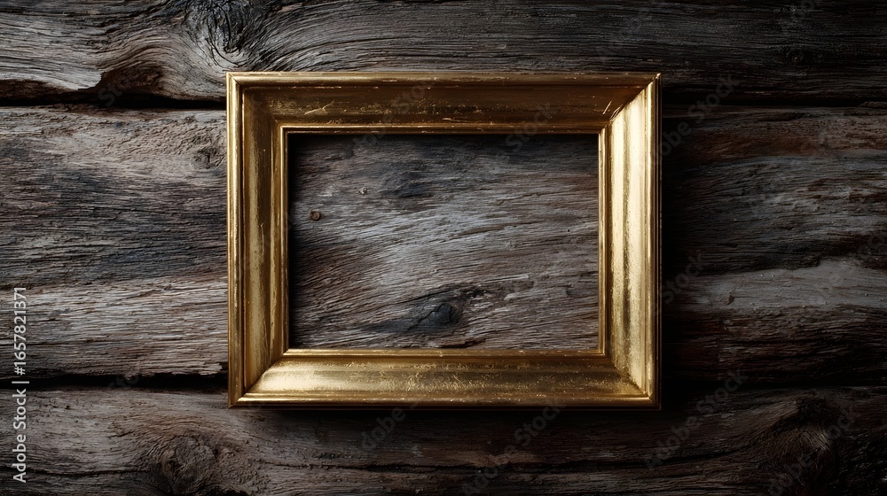 Fototapeta premium Golden frame on rustic wooden background