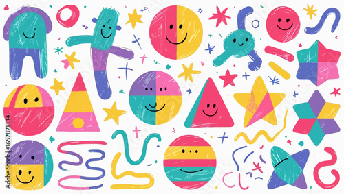 Whimsical pastel doodles of smiling shapes and stars. Perfect for childrens books, stationery, and greeting cards. Bright and playful design.