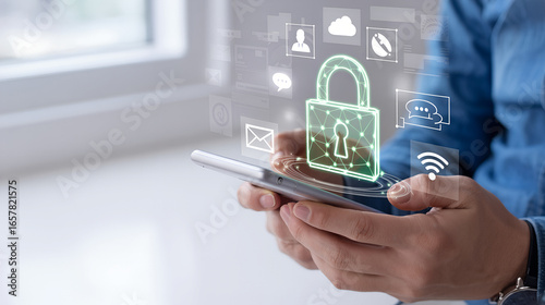 Person holding smartphone with digital security padlock and icons overlay