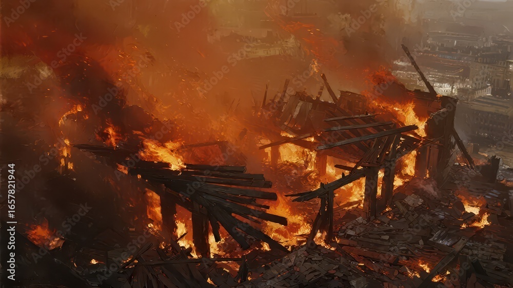 Fototapeta premium The picture shows a scene where a building is burning and collapsing in a raging fire, with flames soaring into the sky and broken walls, full of destructiveness and tension.