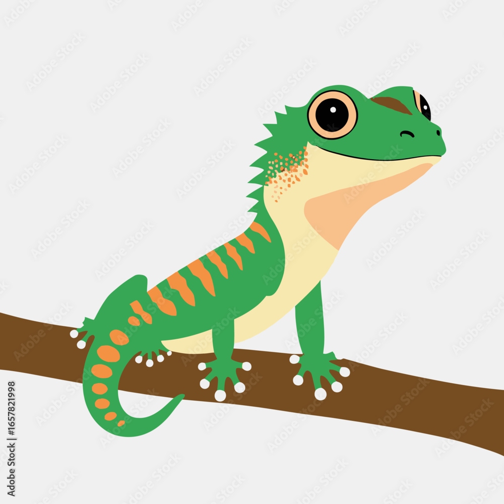 Fototapeta premium Bright green cartoon gecko with orange stripes on a brown branch. Suitable for exotic animal illustrations, naturethemed designs, and childrens products.