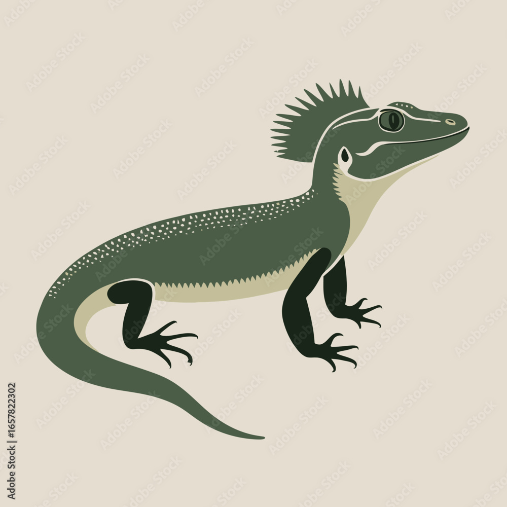Naklejka premium Green basilisk lizard showcases bright scales and a spiky crest, ideal for nature magazines, wildlife blogs, and educational materials.