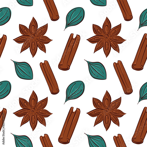 Seamless pattern of star anise with cinnamon stick and leaf in flat style on white background. Perfect for spice store packaging, culinary textile or natural food theme design.