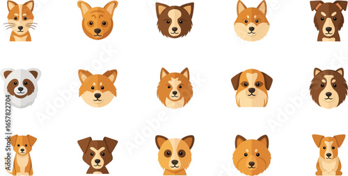 Charming collection of diverse dog breeds in adorable flat illustrations