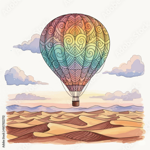 Hot Air Balloon Flying Over Desert Sunset Vector Illustration
