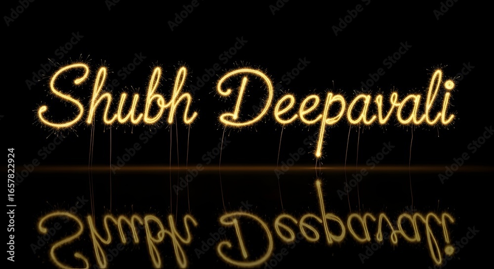 Obraz premium Shubh deepavali text written in sparkling golden script with light effects and reflection on a black background, a festive greeting for diwali