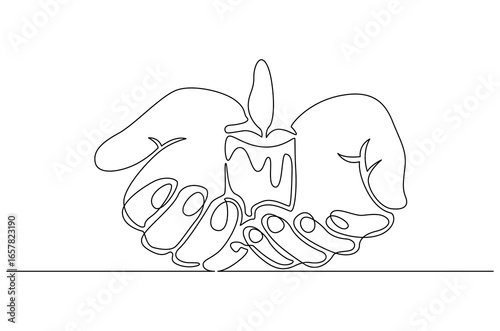 Continuous one line drawing of Hands holding burning candle. Single line drawing illustration of person holding a lit candle. Hope and remembrance concept vector art. Doodle line illustration.