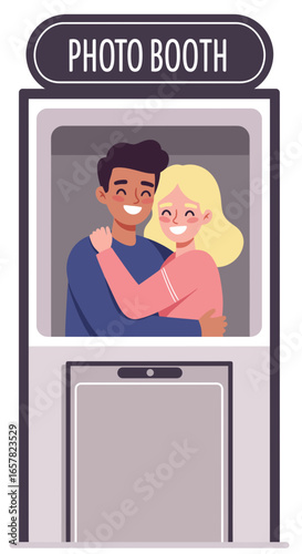 Happy couple embracing and smiling in a photo booth, vector illustration with lettering. Entertainment, capturing moment concept. Relationship and friendship 