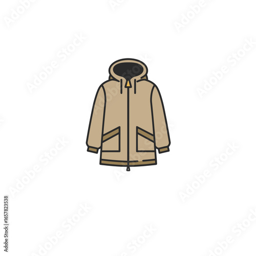 Zipped parka coat with hood in beige color and practical pockets. Walking outdoors in comfortable clothes. Cold season acessories