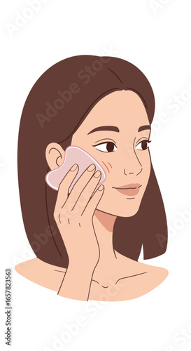 Young woman doing gua sha facial massage at home. Using pink stone gua sha tool vector illustration. Relax muscles and beauty routine  