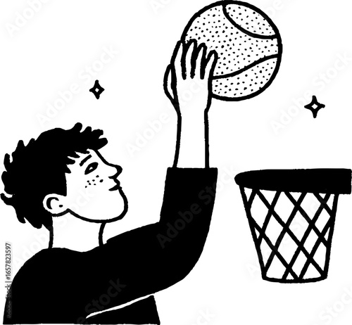 Minimalistic black and white drawing of a basketball player shooting