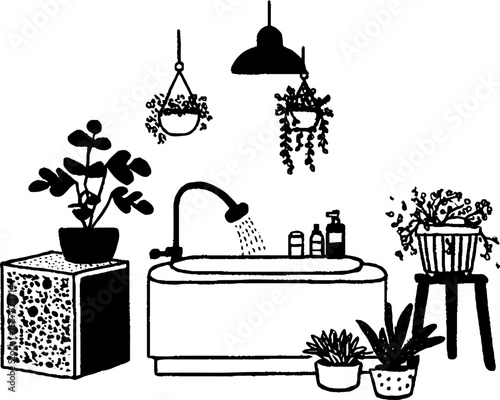 Minimalistic black and white bathroom illustration with plants for interior design inspiration