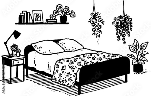 Minimalistic black and white bedroom illustration for interior design inspiration