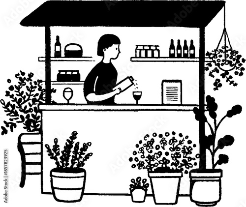 Minimalistic black and white cafe scene with plants and bartender for design and decor