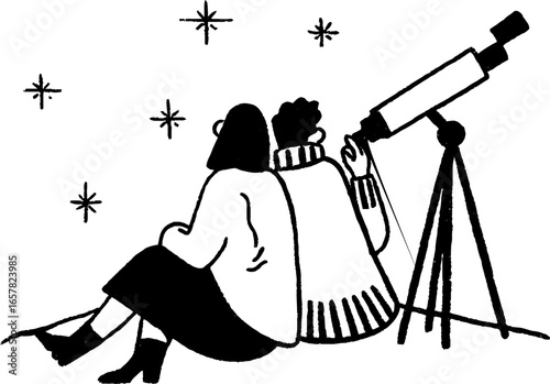 Minimalistic black and white illustration of stargazing couple with telescope