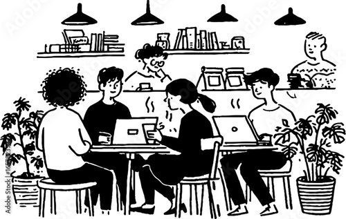 Minimalistic black and white café scene with people working and socializing