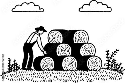 Minimalistic black and white illustration of a farmer stacking hay bales in a field with clouds