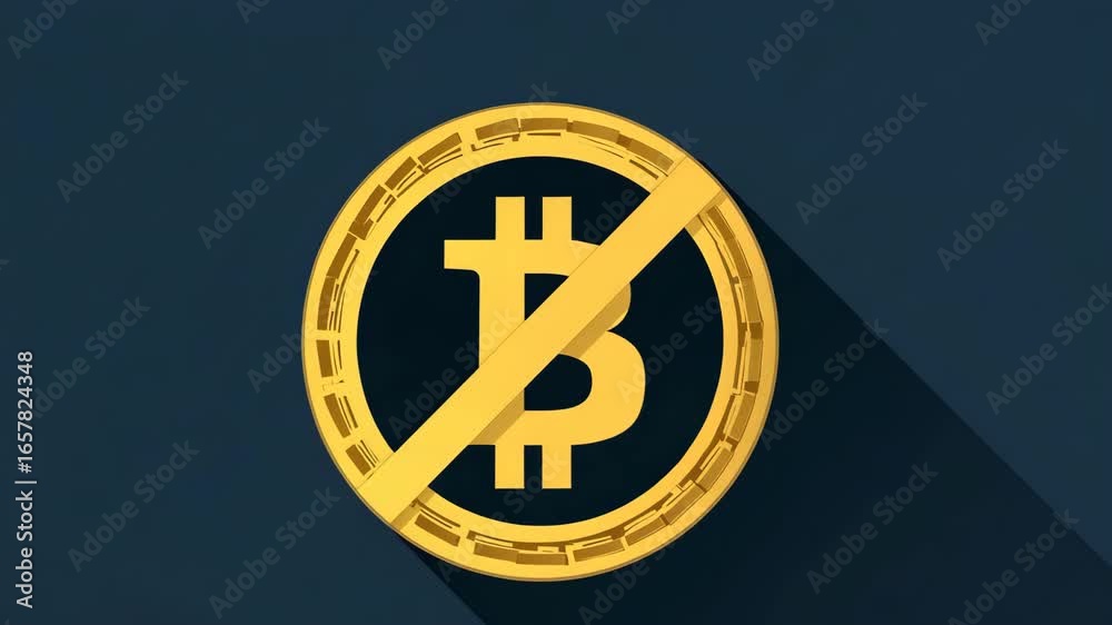 A coin with a B on it. The B is not allowed. The coin is gold. The background is blue. Flat conceptual of bitcoin coin with prohibition circle slash overlay, crypto ban, minimal infographic style