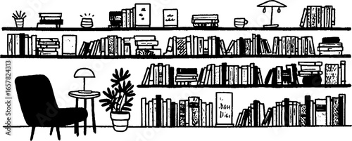 Minimalistic black and white illustration of a cozy bookshelf with chair and lamp
