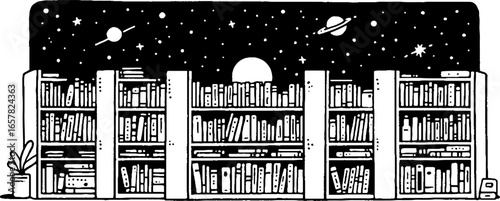 Minimalistic black and white illustration of bookshelves under a night sky with stars and planets