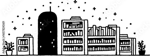 Minimalistic black and white illustration of bookshelves and night sky