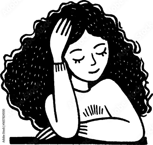 Minimalistic black and white illustration of a woman with curly hair in contemplation