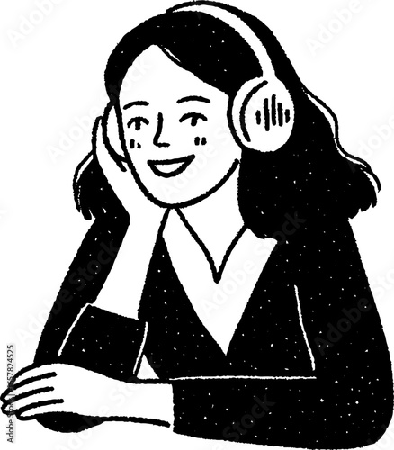 Minimalistic black and white illustration of woman listening to music with headphones