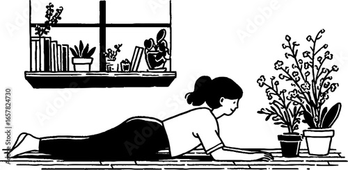 Minimalistic woman relaxing at home with indoor plants in black and white