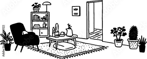 Minimalistic black and white living room illustration for interior design concepts