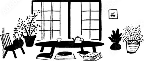 Minimalistic black and white japanese interior design with plants and tea set