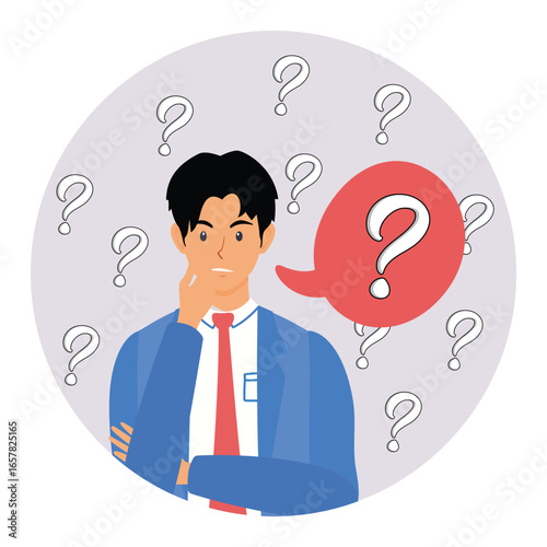 Ask questions, unknown information or solution.  A Businessman Thinking Surrounded by Question Marks