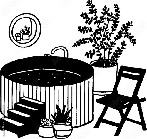 Minimalistic black and white hot tub scene with chair and plants for relaxation design