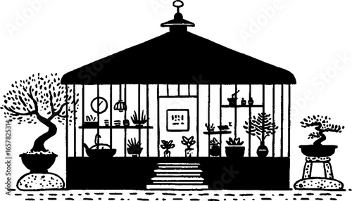 Minimalistic black and white botanical illustration of a serene garden pavilion