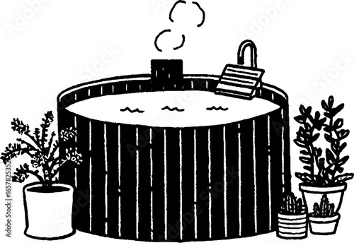 Minimalistic black and white hot tub illustration with plants for relaxation design