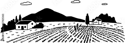 Minimalist black and white illustration of a rural landscape scene