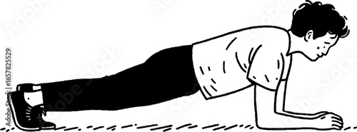 Minimalistic black and white illustration of a man in plank position for fitness concepts