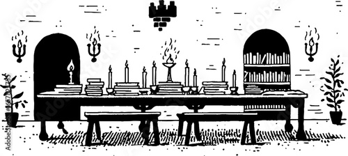 Minimalistic black and white illustration of a medieval dining room with books and candles
