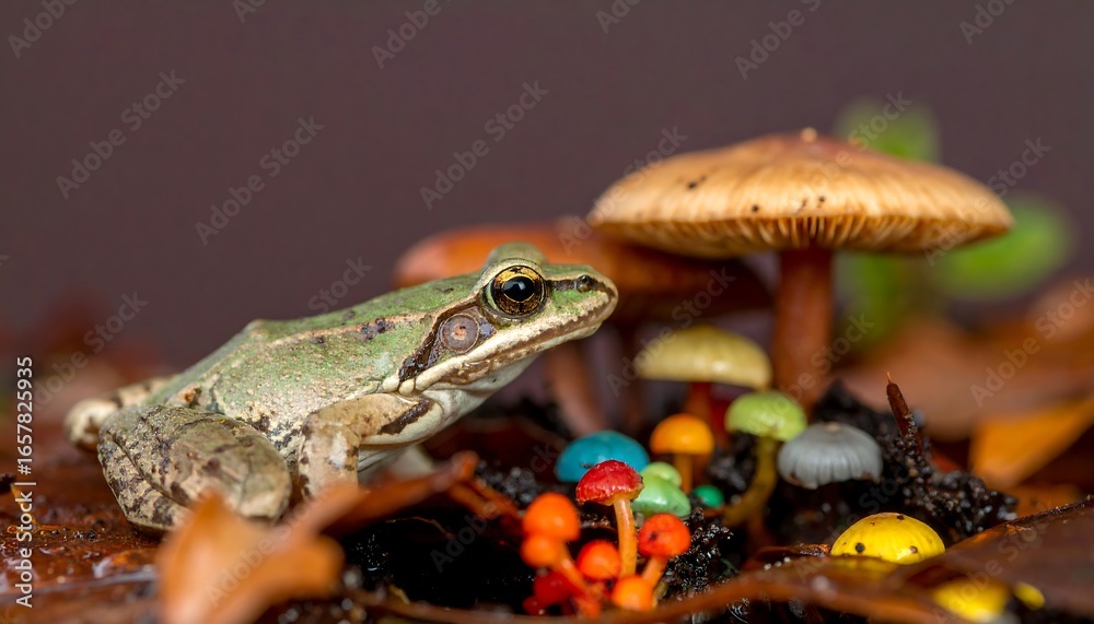 Fototapeta premium A frog amidst colorful mushrooms