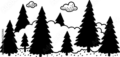 Minimalistic black and white forest illustration with pine trees and clouds
