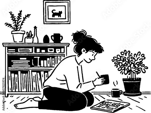 Relaxed woman enjoying a quiet moment at home in black and white minimalistic style