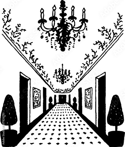 Minimalistic black and white illustration of a grand hallway with chandeliers and topiary