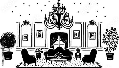 Elegant black and white minimalistic living room scene with chandeliers