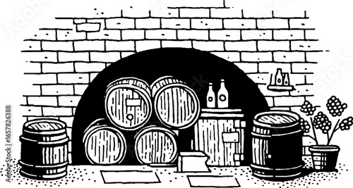 Minimalistic black and white cellar illustration featuring barrels and brick wall